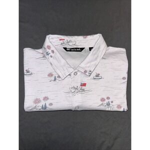 Travis Mathew Mens XXL Polo Shirt Short Sleeve 4th of July Boat Flag Print Golf